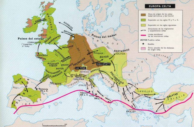 Mapa de la cultura celta en Europa. Aparecen las dos culturas principales y sus expansiones por el continente.